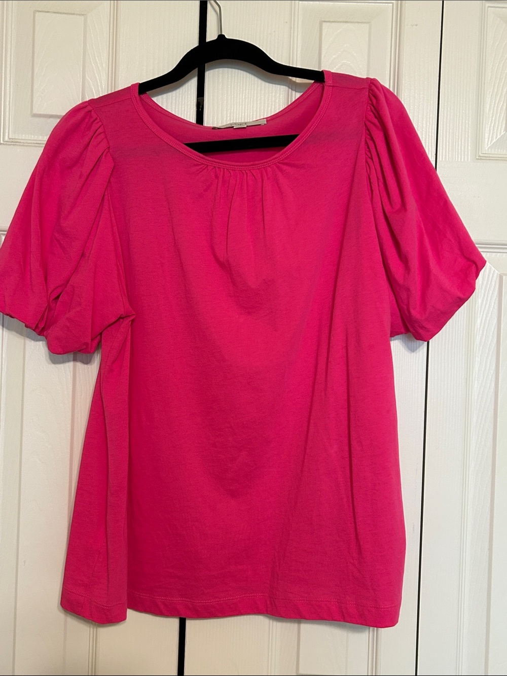 LOFT Puff Sleeve Crewneck Knit Blouse - Hot Pink - Sz L - Like New